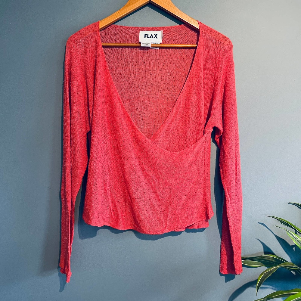 Flax Red V-Neck Sweater Lightweight Knit